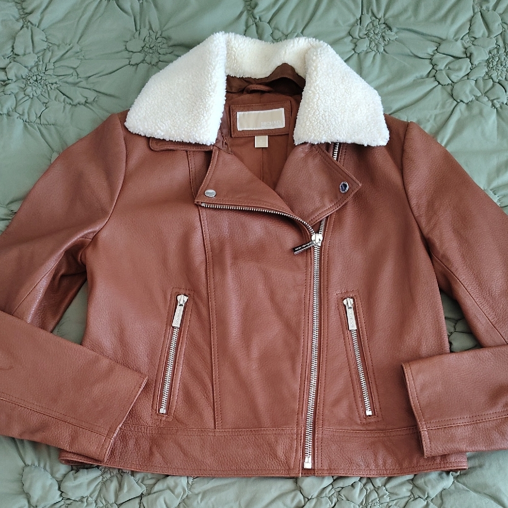 Michael Kors Tan Leather Jacket with Cream Collar